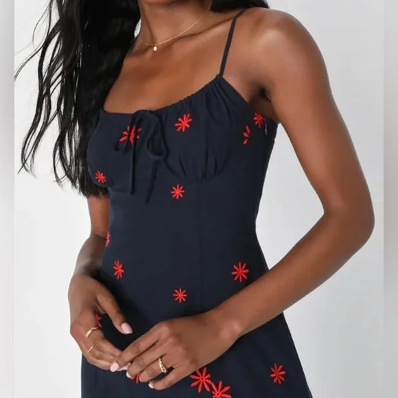 Lulus | Dresses | Nwt Lulus Adorable Dream Navy Blue Embroidered Empire  Waist Midi Dress Red Small | Poshmark